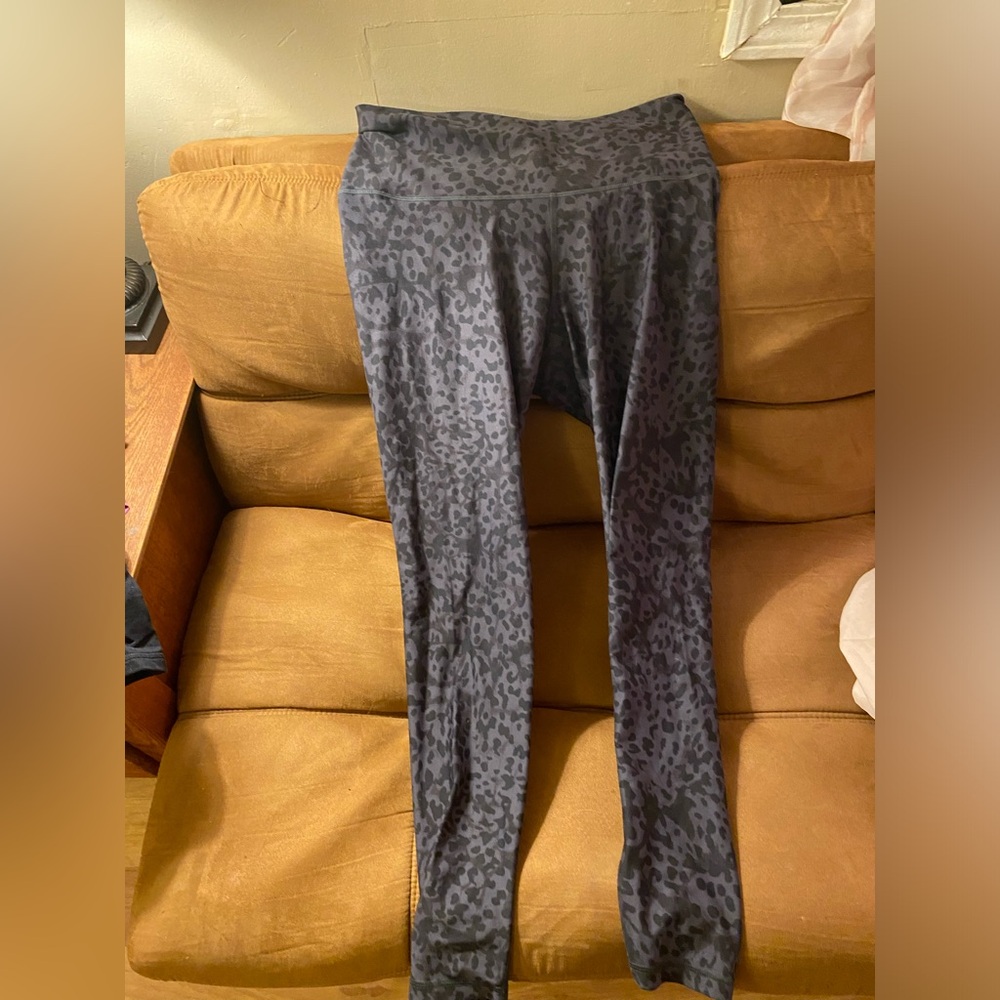 Gray and black cheetah print compression leggings, used, good condition